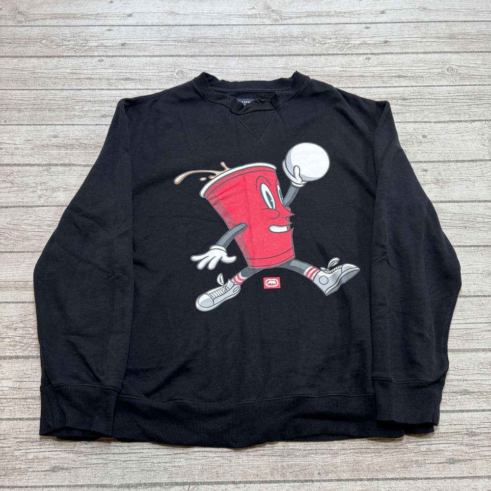 Ecko Unltd Sweatshirt Mens XL Black Beer Pong Graphic Fleece Crewneck Pullover